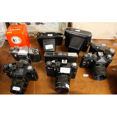 1532 - Camera Lot - ITT 110, Brownie 127, Praktica 35mm SLR, Black Zenit 35mm SLR & Helios 135 2.8 Lens.