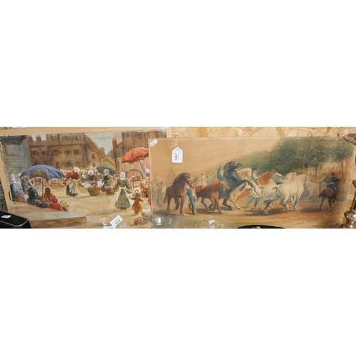 1536 - Two Unframed Watercolours - Continental Market & Breaking Wild Horses.