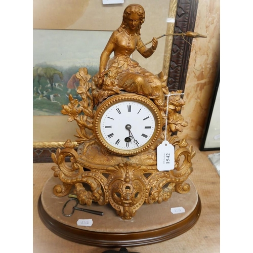 1542 - Antique Spelter Mantel Clock with White Enamel Dial. 35cm tall x 32 cm wide x 20cm deep.