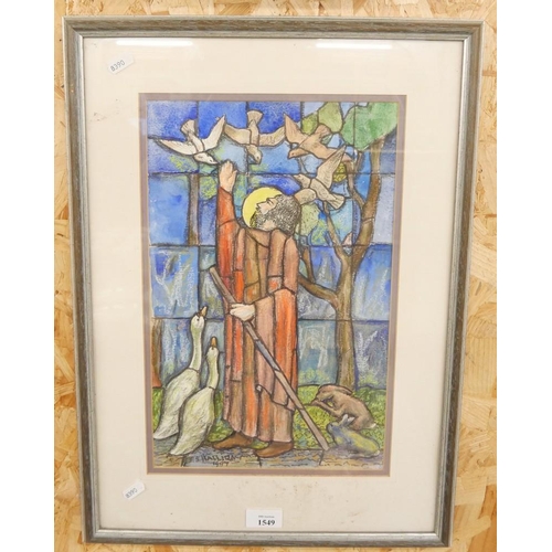 1549 - Framed Pastel - Stained Glass Window Signed E S Halliday, approx 37 x 24cm.