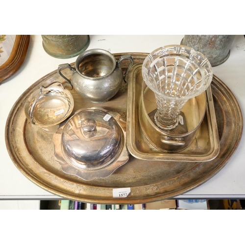 1572 - Large Silverplated Tray Muffin Dish, Glass Vase etc.