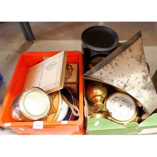 2060 - Two Boxes - Cabinet Plates, Books, Brass Skimmer etc.