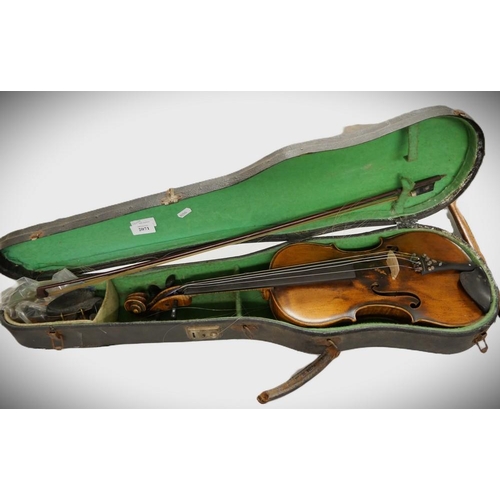 2071 - Antique Violin & Bow - paper label reads 