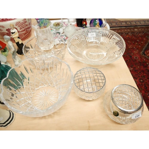 2099 - Three Crystal Bowls, Two Rose Bowls & Candle Holder.