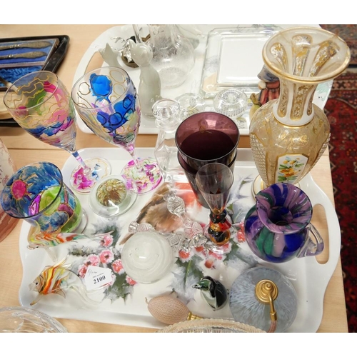 2100 - Tray Lot - Paperweights, Drinking Glasses, Bohemian Glass Vase (damaged) etc.