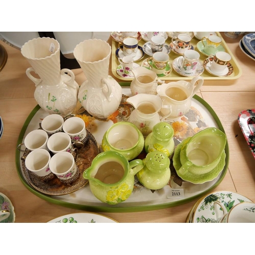 2113 - Tray Lot - Carlton Ware Condiments, Belleek Vases, Wedgwood Cups on Tray etc.