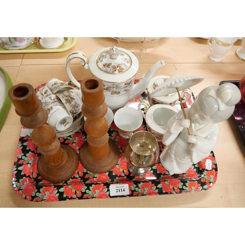 2114 - Tray Lot - Noritake Part Coffee Set, Porcelain Figure, Pair of Wooden Candlesticks etc.