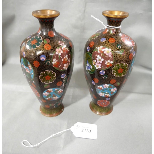 2133 - Pair of Japanese Meiji Period Cloisonne Hexagonal Formed Vases, decorated with intricate motifs on a... 