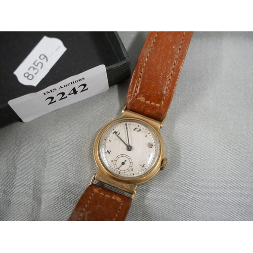 2242 - Vintage 9ct Gold Cased Wristwatch with Brown Leather Strap.