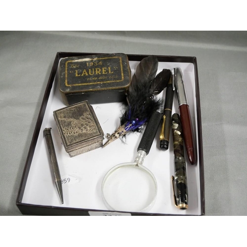 2248 - Box - Assorted Pens, Tins, Magnifying Glass etc.