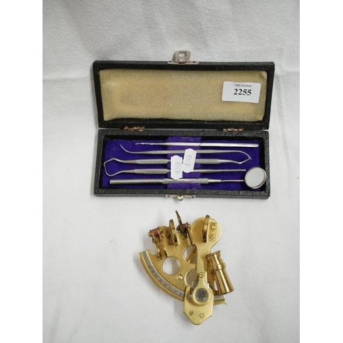 2255 - Small Reproduction Brass Sextant & Cased Dental Tools.