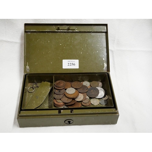 2256 - Vintage Metal Cash Box & Assorted Coinage.