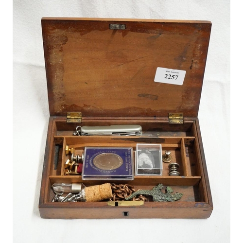 2257 - Wooden Box - Pocket Knives, Cufflinks, Coins etc.