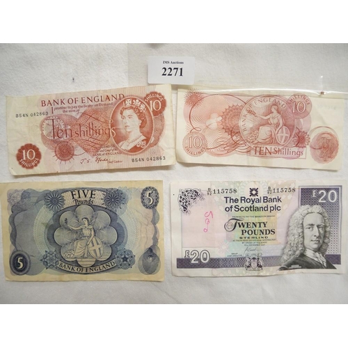 2271 - Royal Bank of Scotland £20 (2007), Bank of England £5.00 (1950's) Two Bank of England Ten Shilling N... 