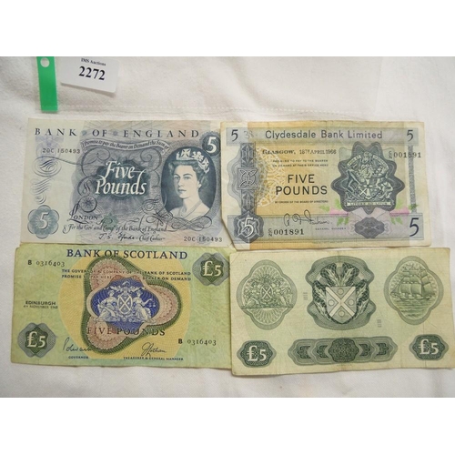 2272 - Bank of England £5.00 (1950's 60's), Clydesdale Bank £5.00 Note 1966 & Two Bank of Scotland £5.00 No... 