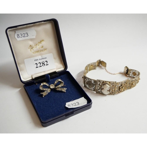 2282 - Filigree Silver Bracelet & 925 Silver Bow Brooch.