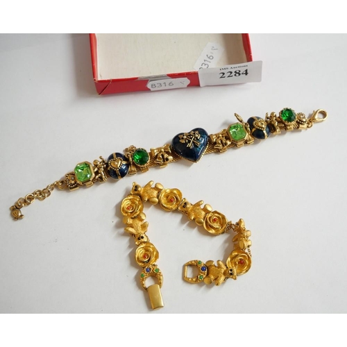 2284 - Two Gold Plated Bracelets - Teddy Bears & Colourful Jewels.