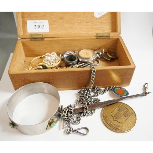 2302 - Wooden Box - Jewellery, Wristwatches, Badges etc.