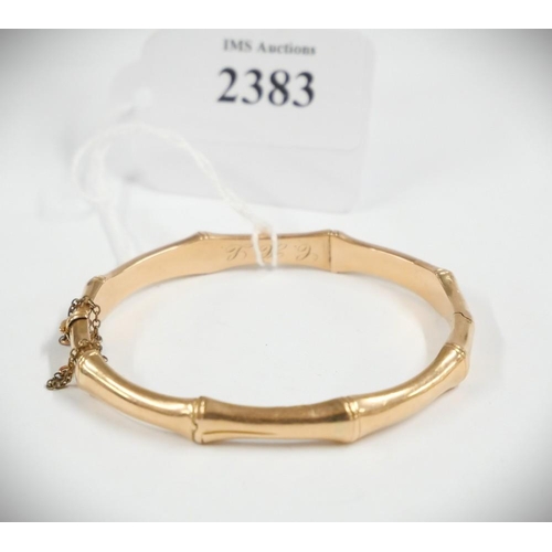 2383 - 15ct Gold Bamboo Stiff Bracelet in Case - 11.3g