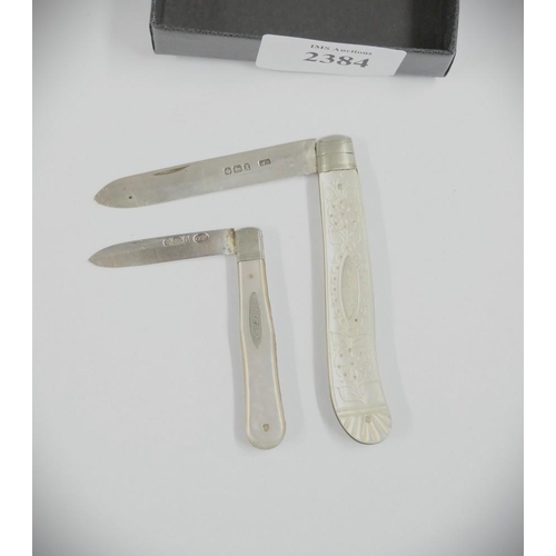 2384 - 2 x Silver & MOP Pocket Fruit Knives.