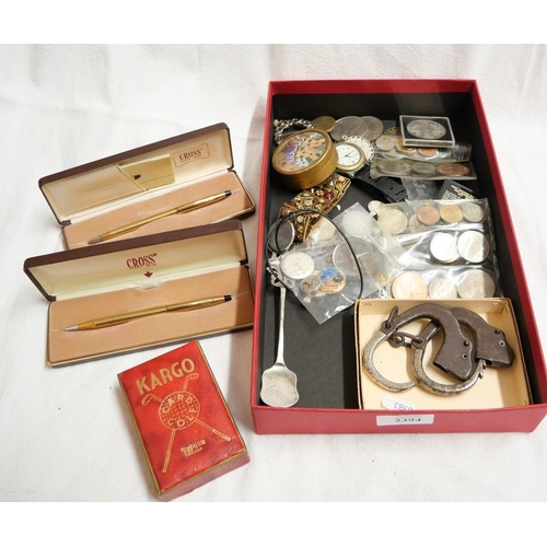 2394 - Box - Pens, Coins, Handcuffs etc.