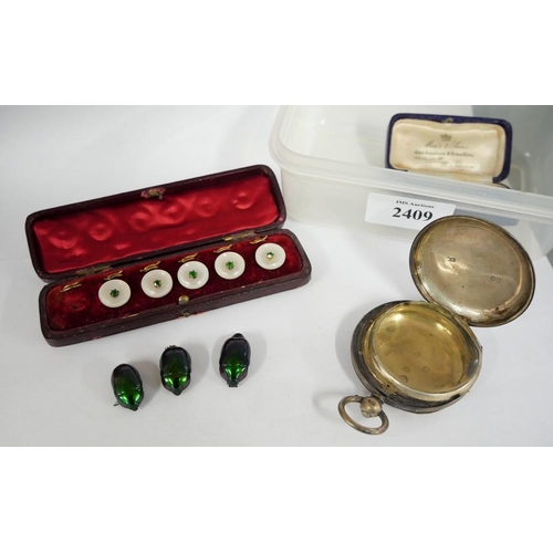 2409 - Silver Pocketwatch Case, Scarab Beetles & Cased Button Set (one missing).