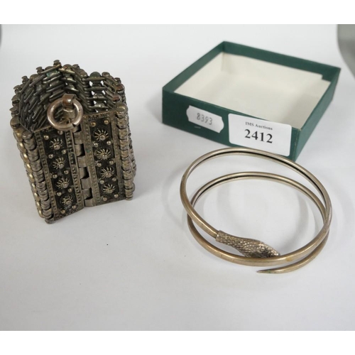 2412 - White Metal Serpent Bangle & Eastern Bracelet.