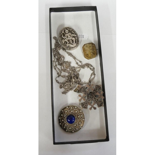 2431 - Box - Silver Chains, White Metal Brooches etc.