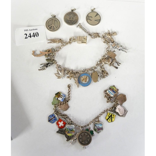 2440 - Two Silver Charm Bracelets & Three American Silver Pendants - approx 81g.