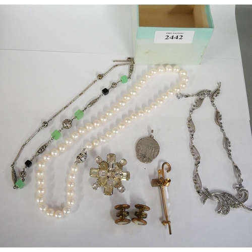 2442 - Box - Costume Jewellery, Cufflinks, Cultured Pearl Choker etc.