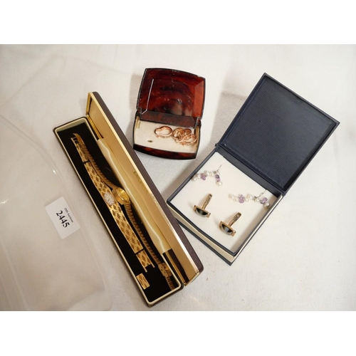 2445 - Box - Silver Gilt Earring, Ladies Wristwatches, Cufflinks etc.