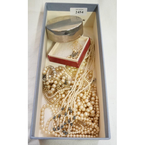 2454 - Box - Assorted Faux Pearl Necklaces & Metal Trinket Boxes.