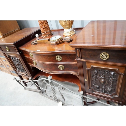 3020 - Large Edwardian Mahogany Sideboard  With Carved Panel Doors & iron and brass lyre shape back rail(18... 