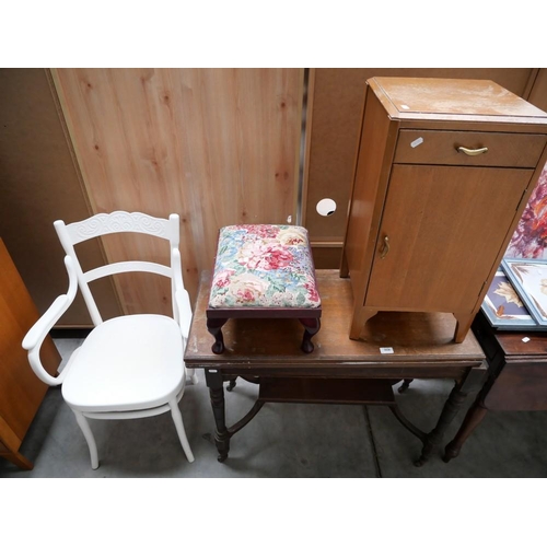 3028 - Painted Bentwood Chair, Tapestry Footstool, Oak Pot Cupboard & Oak Folding Over Tea Table