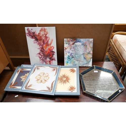 3029 - Assorted Framed Dried Flowers, 2 Abstract Paintings & Mirrored Octagonal Tray