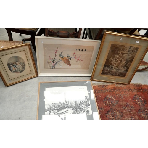 3038 - Assorted Gilt Framed Prints, Charcoal Drawing & Chinese Tapestry Picture