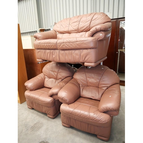 3068 - Salmon Coloured Leather Two Seat Sofa & 2 Matching Chairs