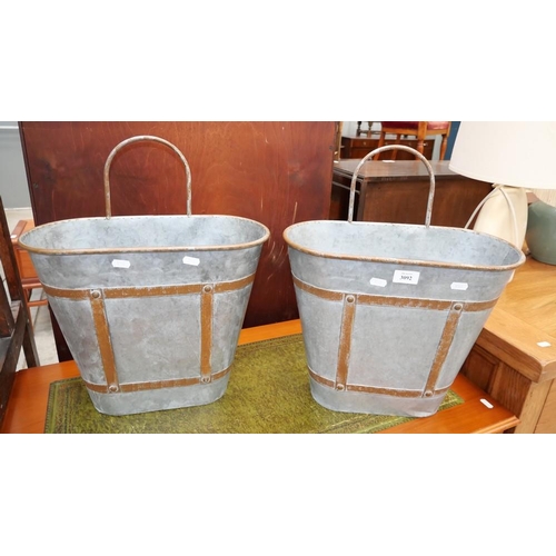 3092 - Pair of Galvanised Hanging Planters