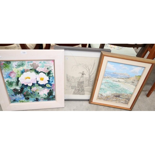 3120 - Oil Painting - Floral Still Life, Oil Painting - Coastal Scene & Pencil Drawing - Peter Pan Memorial