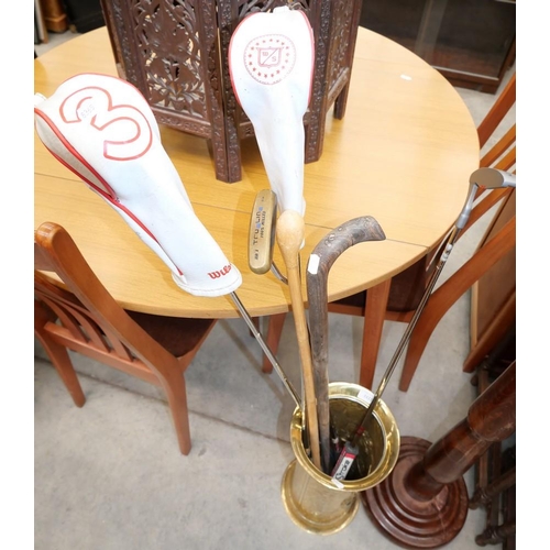 3122 - Brass Stick Stand with Assorted Walking Sticks & Gold Clubs