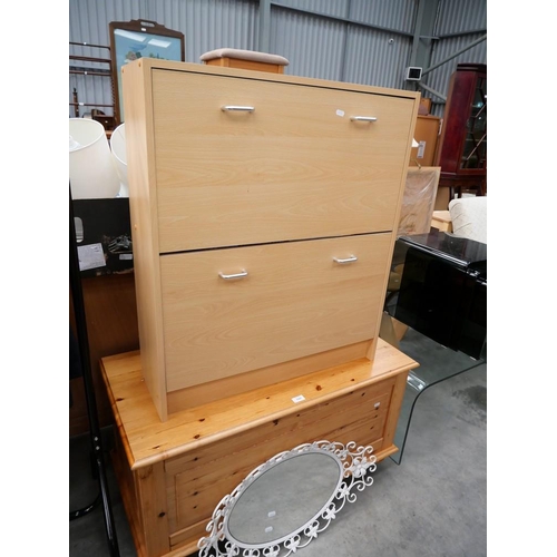 3185 - Beech Shoe Cupboard, Pine Blanket Box & Wall Mirror