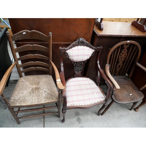 3203 - Pine Elbow Chair, Oak Elbow Chair & Mahogany Queen Anne Elbow Chair