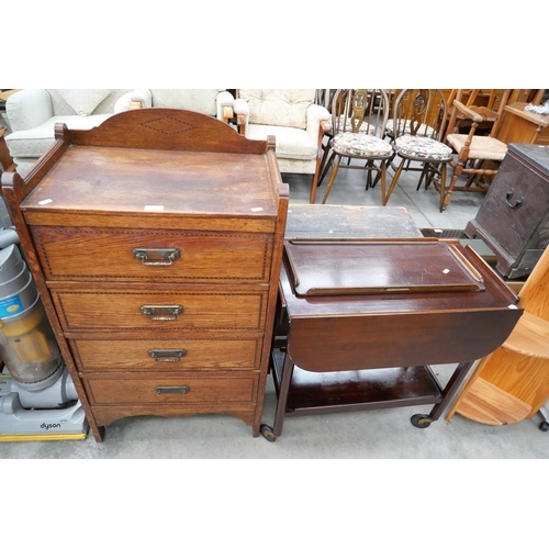 3224 - Edwardian Oak Inlaid 4 Drawer Chest & Mahogany Drop Leaf  2 Tier Trolley