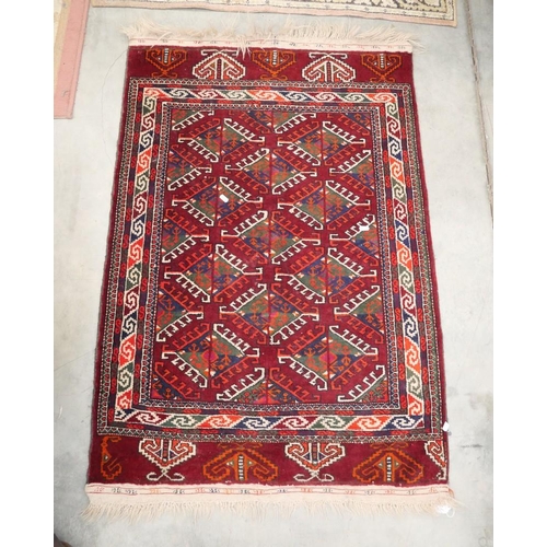 3264 - Fringed & Bordered Geometric Rug on Red Ground (126cm x 84cm)