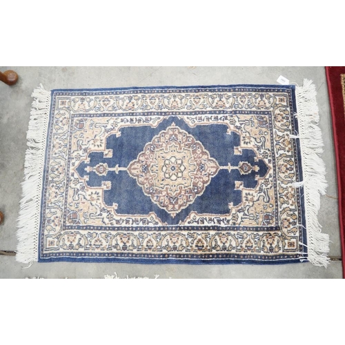 3282 - Fringed & Bordered Geometric Wool Rug on Blue Ground (90cm x 61cm)