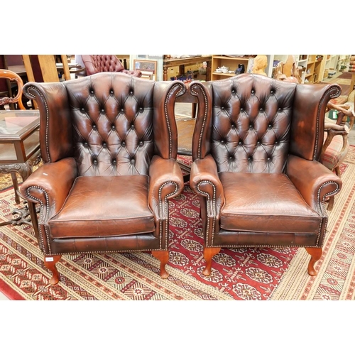 3284 - Pair of Brown Leather Chesterfield Style Wingback Armchairs