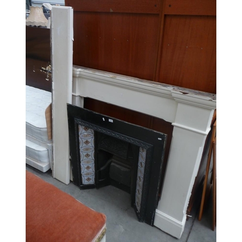 3566 - Cast Iron Fire Place with Inlaid Tiles & Wooden Surround