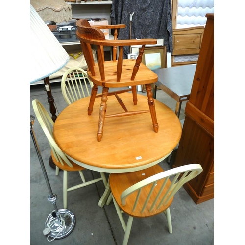 3584 - Circular Pine Kitchen Table with 3 Matching Chairs & 1 other