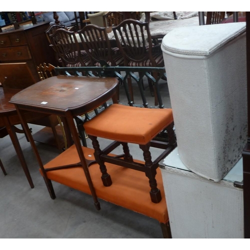 3590 - 2 Stools, Edwardian Inlaid Side Table & 2 Laundry Baskets