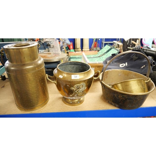 145 - Brass Jelly Pan & Brass Milk Can With Lid, Wicker Basket Etc.